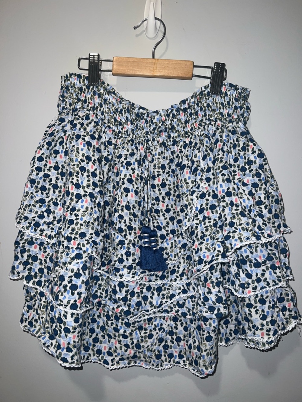 Poupette St. Barth White Floral Tiered Mini Skirt with Navy Tassel